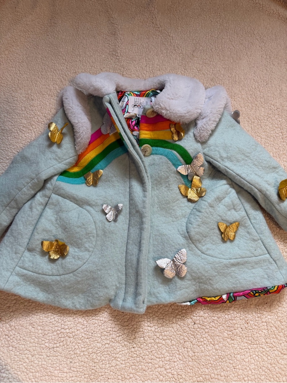 Little Goodall Sky Blue Rainbow Dreamer Coat 3T Wool Butterfly Faux Fur EUC